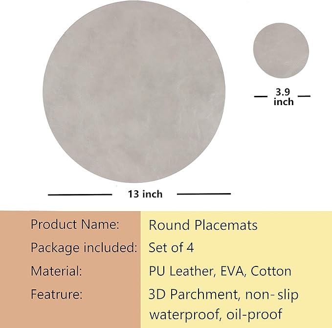 Set of 4 Faux Leather Round Placemats and Coasters, Coffee Mats Kitchen Table Mats, Waterproof, Easy to Clean for Kitchen Dining Round Table