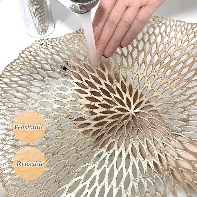 Placemats Set of 6, Round Placemats Gold 15 Inch Washable Vinyl Place Mats Dining Table Mats for Anniversary Wedding Party Kitchen Decorations