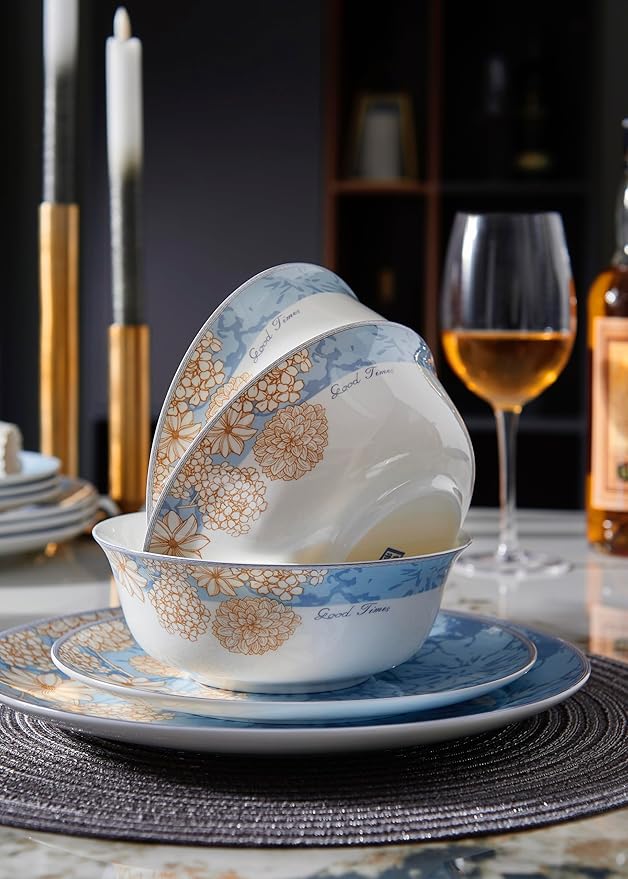 High Bone China Dinnerware Set, 12-Piece Artistic Blue Plates and Bowls, Lightweight & Chip Resistant Ceramic Service for 4, Dishwasher Safe Elegant Kitchen Dining