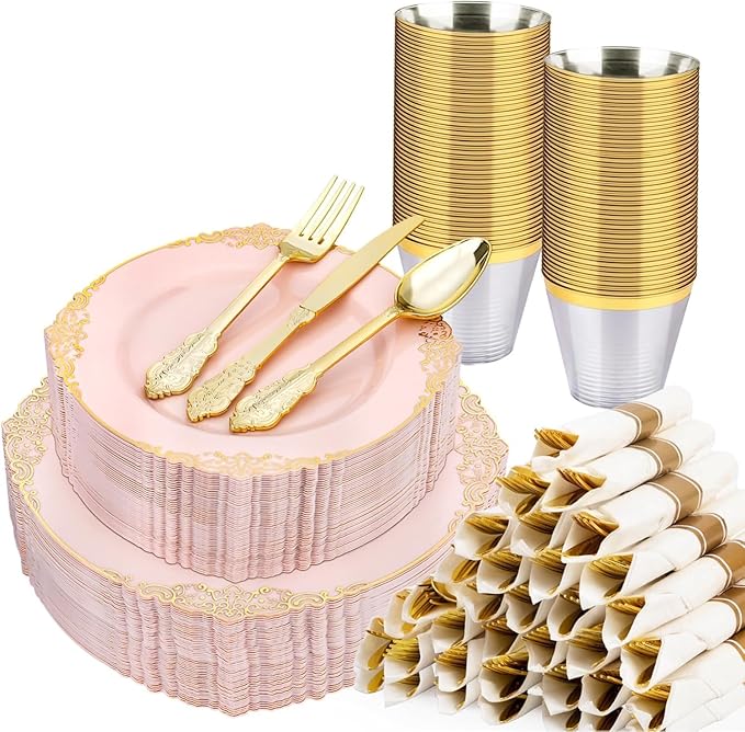 350 PCS Pink and Gold Plastic Plates, Plastic Dinnerware Set for 50 Guests, 100 Disposable Plates, 150 Silverwares, 50 Cups, 50 Napkins for Party, Wedding, Graduation