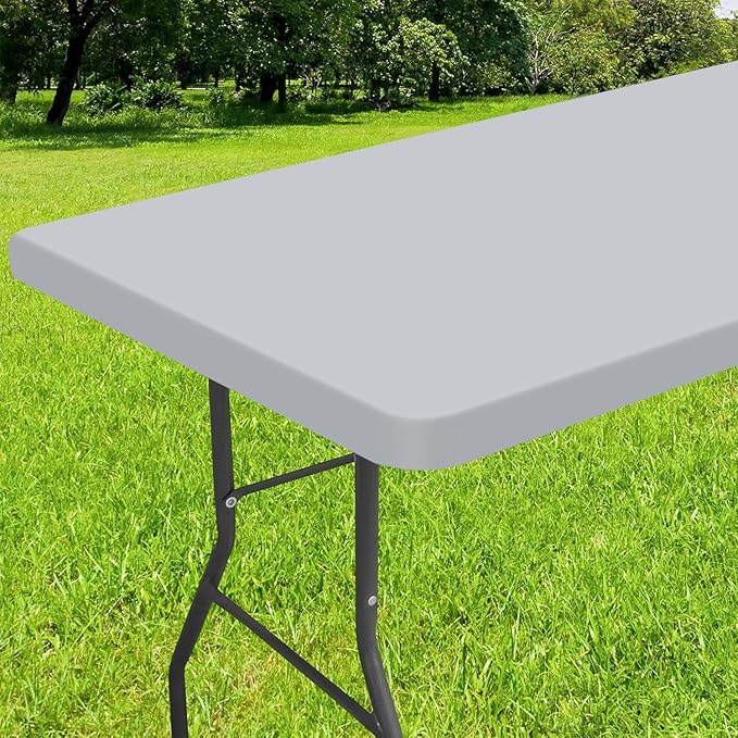 Smiry Rectangle Tablecloth, Elastic Fitted Flannel Backed Vinyl Tablecloths for 4ft Folding Tables, Waterproof Wipeable Table Covers for Indoor, Outdoor, Picnic and Camping (Light Grey, 24"x48")