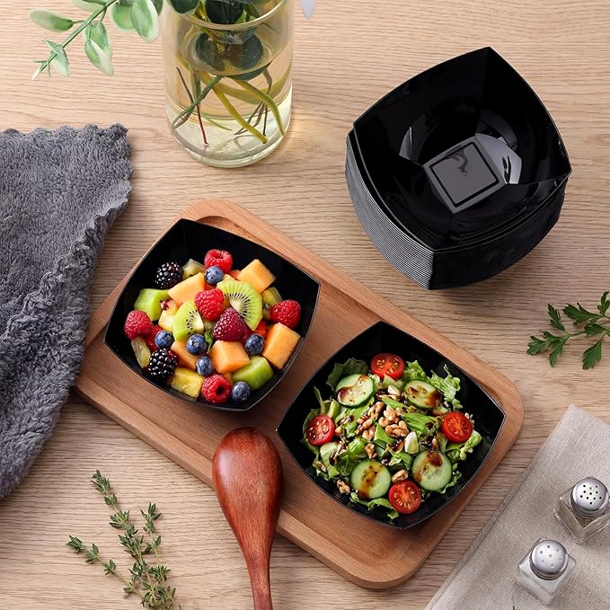 Tanlade 50 Pcs Square Plastic Serving Bowls Disposable Snack Salad Bowl Small Party Candy Bar Containers Taco Bar Serving Dishes for Buffet Chips Fruit (4 oz,Black)