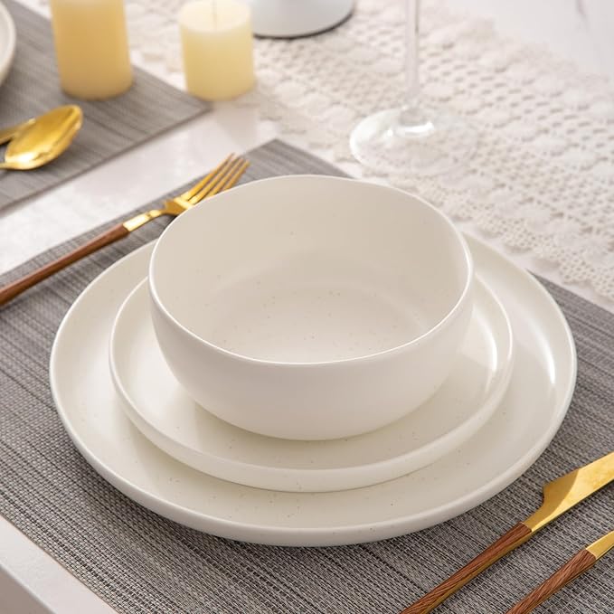 AmorArc Ceramic Dinnerware Sets, Wavy Rim Stoneware Plates and Bowls Sets,Dishwasher & Microwave & Oven Safe Dishes set, Service for 4 (12pc)-Matte Speckled White