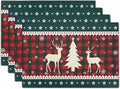 Christmas Elk Snowflakes Placemats Set of 4 for Dining Table,Xmas Reindeer Red Green Buffalo Plaid Washable Table Mats Placemats for Winter Kitchen Holiday Coffee Place Mat 18 x12 Inch