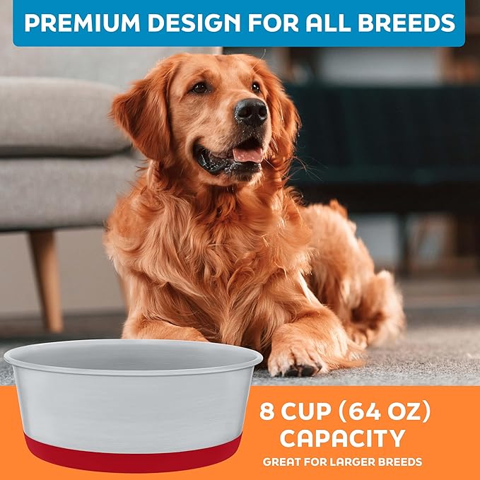 Master Pet Supply Stainless Steel Dog Bowls Set of 2 with Extra Thick Silicone Base - 8 Cup (64 oz) Crimson Red, Non-Slip, Dishwasher Safe Metal Bowls, Pet Dog Food Bowl for Dogs, Cats, Anti Rust