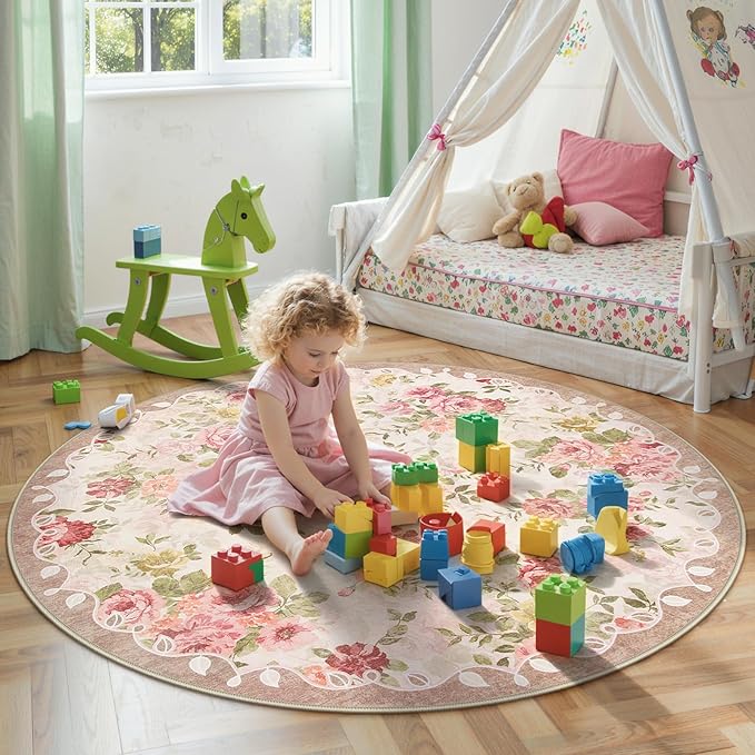 Lahome Floral Boho Round Rugs 6ft,Washable Round Rug for Dining Room Table,Circle Rugs for Living Room Large Round Carpet for Bedroom,Playroom,Nursery,Reading Corner