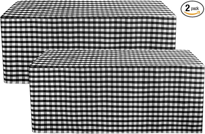 HolidayIdeas Checkered Fitted Table Covers for 8 Foot Tables - 96 x 30 Inch - 2 Pack Rectangle Table Clothes Buffalo Plaid Table Cover for Folding Table, Parties, Picnic, Trade Show (Black and White)