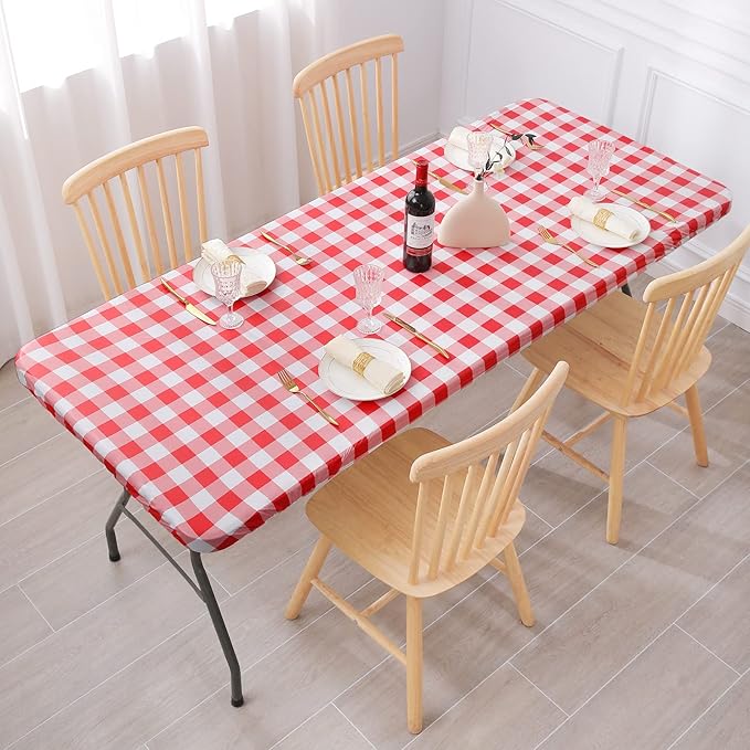 Smiry Rectangle Picnic Table Cloth, Elastic Waterproof Fitted Vinyl Tablecloths, Flannel Backed Buffalo Plaid Table Covers for Dining, Camping, Outdoor (White and Red, 30" x 48")