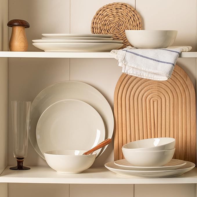 Ceramic Dinnerware Sets for 4,12 Pieces Plates and Bowls Sets, Plates Pasta Bowls Soup Bowls, Modern Stoneware Dishes, Reaction Glaze (White)