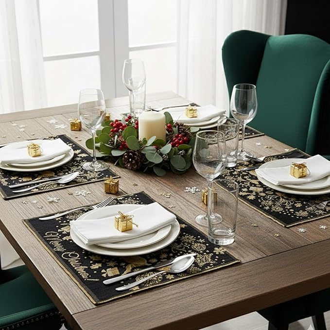DaDa Bedding Set of 4-Pieces Magical Golden Reindeer Tapestry Placemats - Starry Winter Snowflake Festive Merry Christmas Holiday Yellow & Black - Needle Stitched Woven Table Mats - 13” x 19”