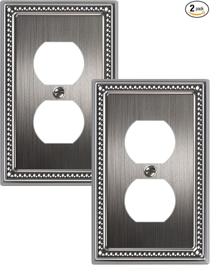 2-Pack Duplex Outlet Cover, Silver Metal Wall Plates for Electrical Outlets, 1 Gang Receptacle Light Switch Cover, Pearls Beaded Decorative Switch Plates and Outlet Covers
