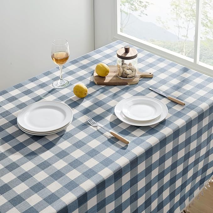 Softalker Checkered Tablecloth Rectangle, Outdoor Linen Cotton Gingham Table Cloth with Tassel, Heavy Duty Wrinkle Free Buffalo Plaid Table Cover for Kitchen Dining Home Party - 55 x 102 Inch, Blue