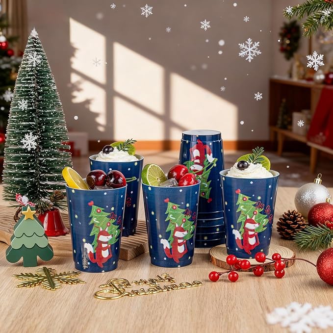 I00000 50Pcs 12oz Christmas Tree Design Christmas Plastic Cups, Premium Disposable Cups Cocktail Cup, Dark Blue Xmas Party Cup with Red Fox Design Pattern Design, Perfect for Xmas Party