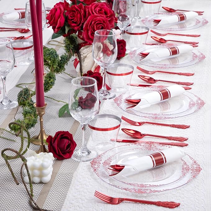 Hioasis 175pcs Clear and Red Plates - Red Party Plates for 25 Guest, Include 50 Heavy-duty Plates(20% Thicker Than Standard), 25 Pre Rolled Gold Plastic Silverware Set, 25 Cups