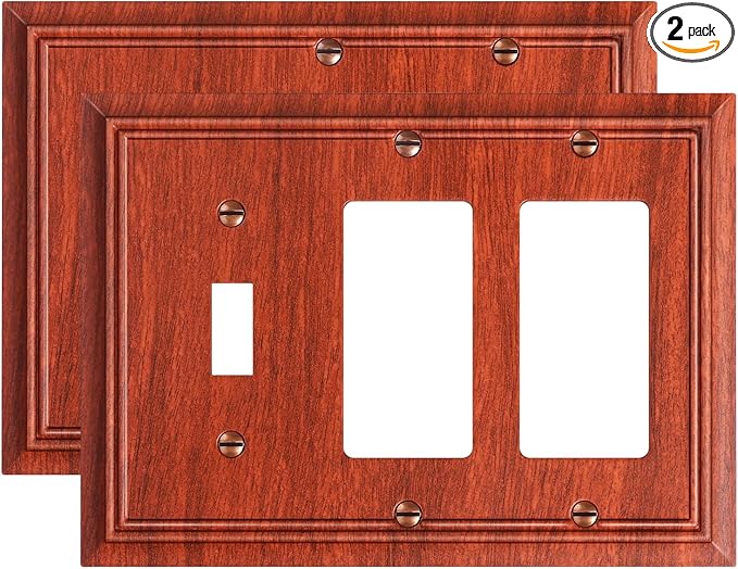 2-Pack Combo Toggle/Double Decorator Outlet Cover Plate, Wood Grain Decorative Switch Plates and Outlet Covers, Durable Natural Bamboo Fiber Wall Plates for Electrical Outlets, Receptacle, GFCI Outlet