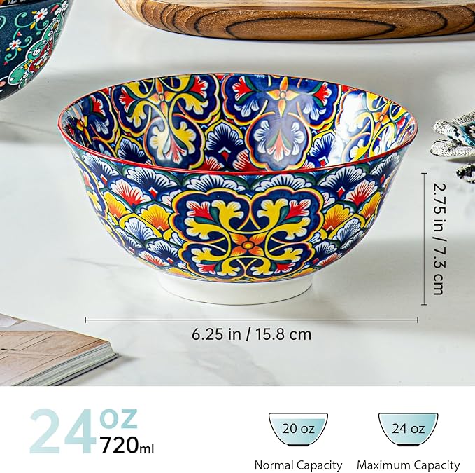 HENXFEN LEAD Boho Cereal and Soup Bowls Set of 6 – 24 oz Colorful Ceramic Bowl for Kitchen, Perfect for Oatmeal, Pasta, Salad, Dessert, Fruit – Microwave & Dishwasher Safe