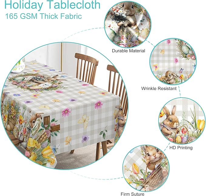 Easter Tablecloth Round 70 Inch, Easter Bunny Table Cloth Buffalo Check Plaid Kitchen Table Cover for Dining Room Spring Round Tablecloth Indoor Decor