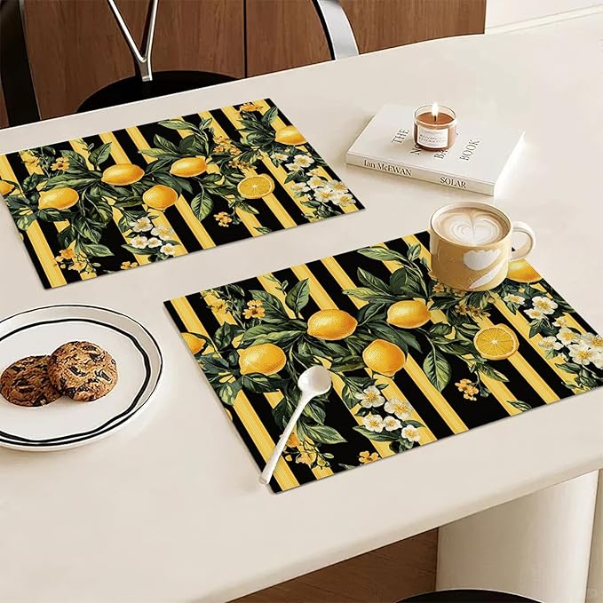 Lemon Placemats Set of 6, Yellow Lemon Place Mats, Fruit Waterproof Washable Table Mats for Home Party Indoor Kitchen Dining Table Decoration 12x18 Inch