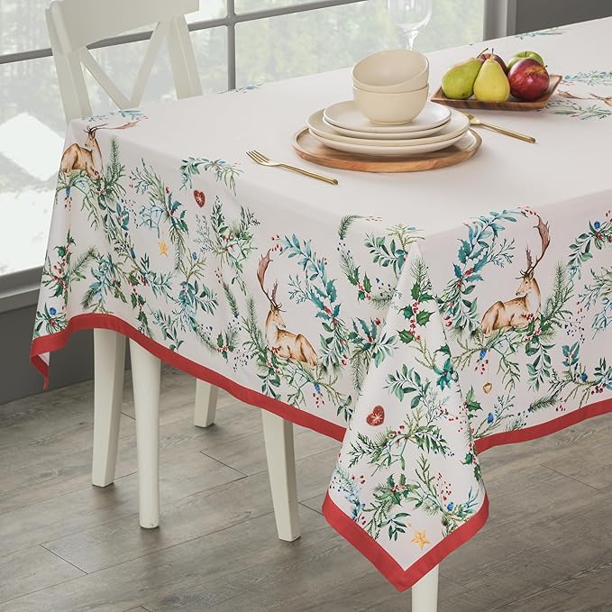 Maison d' Hermine Table Cloth Rectangle Table 100% Cotton 60 x 108 Inches Fall Tablecloth Reusable Everyday Use for Thanksgiving Christmas Decorations Dining Farmhouse Party (Holly Time)