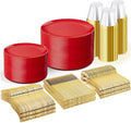 WDF 300Pcs Red Disposable Plates - Red Plastic Plates - 50guest Disposable Dinnerware Include 50 Dinner Plate, 50 Dessert Plate, 150 Cutlery & 50 9oz Cups for Valentine's Day & Parties