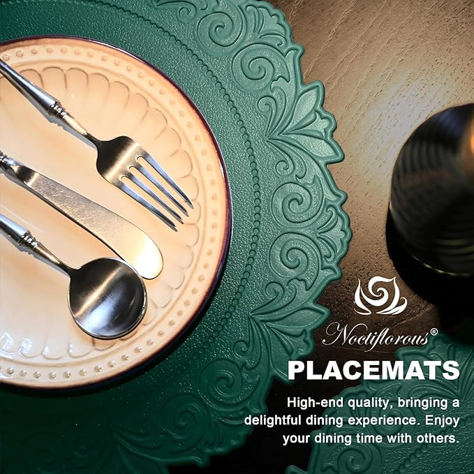 Noctiflorous Round Faux Leather 15 Inch Placemats Set of 4 Waterproof Wipeable Heat Resistant Tablemat for Dining Table Kitchen Non Slip Oilproof Table Place Mat for Indoor Outdoor(Green, 4)