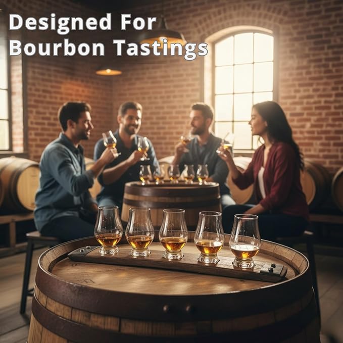 Barrel Stave Premium 5 Glass Whiskey Flight Serving Tray with Glencairn Glasses, Dark Walnut
