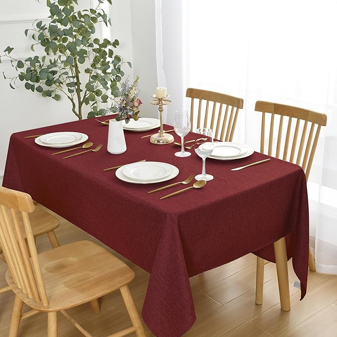 JIUZHEN Red Rectangle Tablecloth, Faux Linen, 52 x 70 Inch, Wrinkle & Spill-Resistant, Farmhouse Style, Perfect for Dining, Parties & Camping