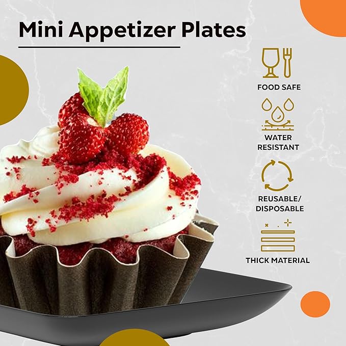Exquisite Tiny Mini Appetizer Plates - 480 Pack 2.4 In. x 2.4 In. Black Disposable Dessert Plates - BPA Free Small Plastic Plates for Weddings