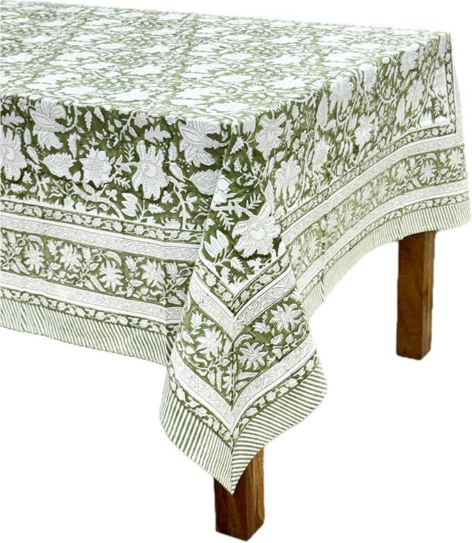 ATOSII Noori Green 100% Cotton Fall Tablecloth, Block Print Rectangle Table Cover for Dining, Weddings, Holidays, Thanksgiving, Easter 60 X 60 Inches - 4 Seater I Grandmillennial Preppy Boho Farmhouse