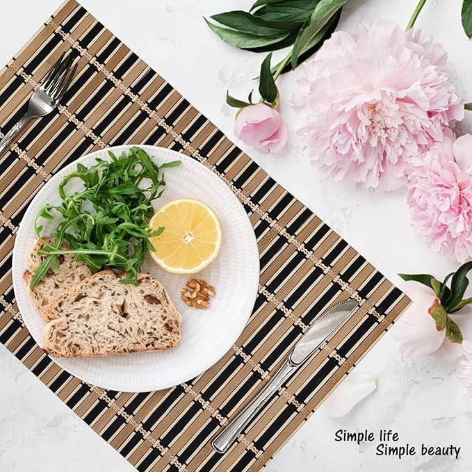 ANDSTAR Set of 8 Bamboo Slats Placemat Modern Placemats Natural Anti-Slip Bamboo Placemats Washable Heat-Resistant Table Mats for Kitchen Dinning Room Table Decor(Black)