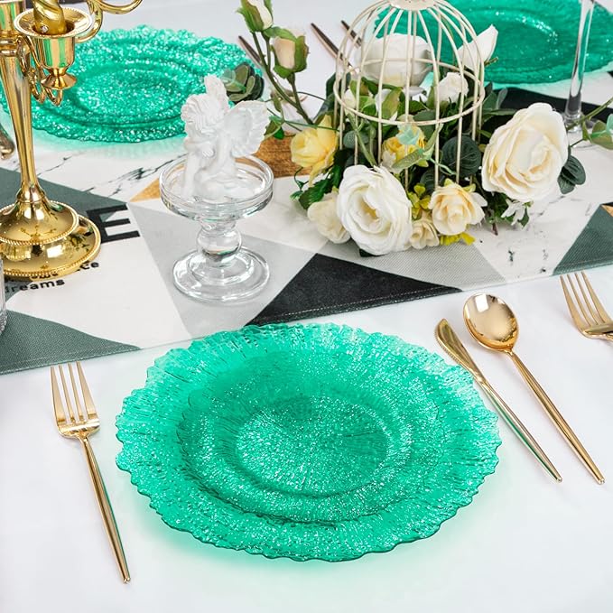 U-QE 60PCS Green Plastic Plates - Clear Plastic Plates Disposable Heavy Duty - Green Disposable Plates Include 30PCS 10inch & 30PCS 7inch for Party&Wedding