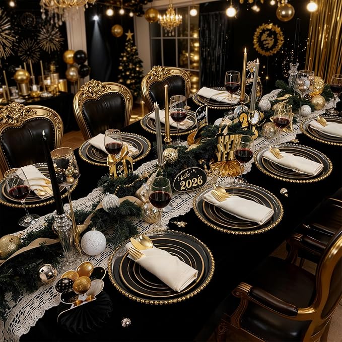 WDF 200PCS Black and Gold Plastic Plates - Black Plates Disposable for Party - Heavy Duty Plastic Plate for New Year