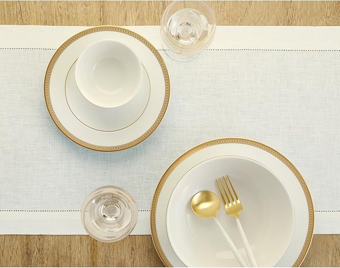 Solino Home Linen Ivory Table Runner 132 Inches Long - 100% Pure Linen Extra Long Table Runner 14 x 132 Inch for Spring, Easter - Classic Hemstitch