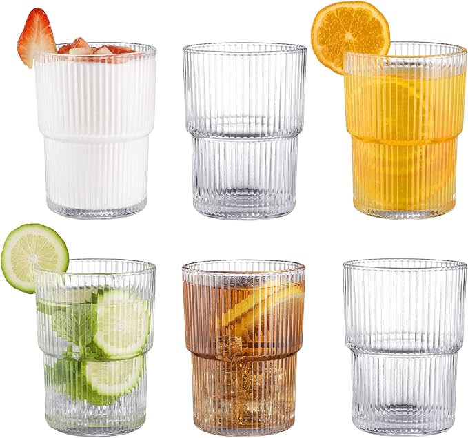 Ribbed Glassesware 14 Oz Ripple Drinking Glasses Iced Coffee Glasses Glass Cup Set Of 6 Vintage Drinking Glasses Water Glasses Fluted Glassware Cocktail Glass Cute Glass Cups