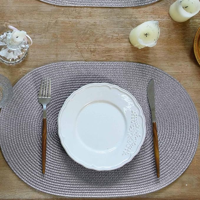 FunWheat Oval Braided Placemats Set of 6 Table Mats for Dining Tables Washable Heat Resistant Place Mats for Indoor Outdoor Use 12 x18 Inch(Oval Light Grey, 6pcs)