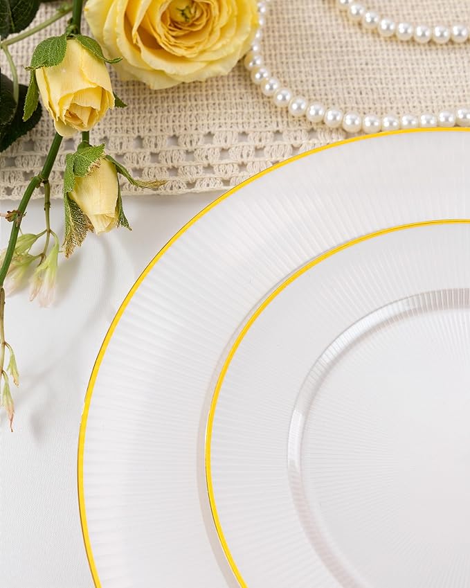Hioasis 60pcs White and Gold Plastic Plates - White Disposable Dinnerware Set, 30pcs Dinner 10.25in & 30pcs Dessert 7.5in Plates with Striped Designs for Party & Wedding