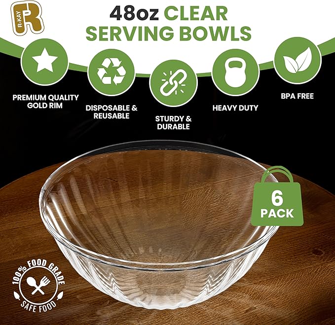 R-kay 6 Pack Plastic Serving Bowls - 48 Oz Clear Plastic bowls - Salad Bowls Large Serving - Premium Clear Disposable bowls Heavy Duty For Weddings Catering And Birthday parties