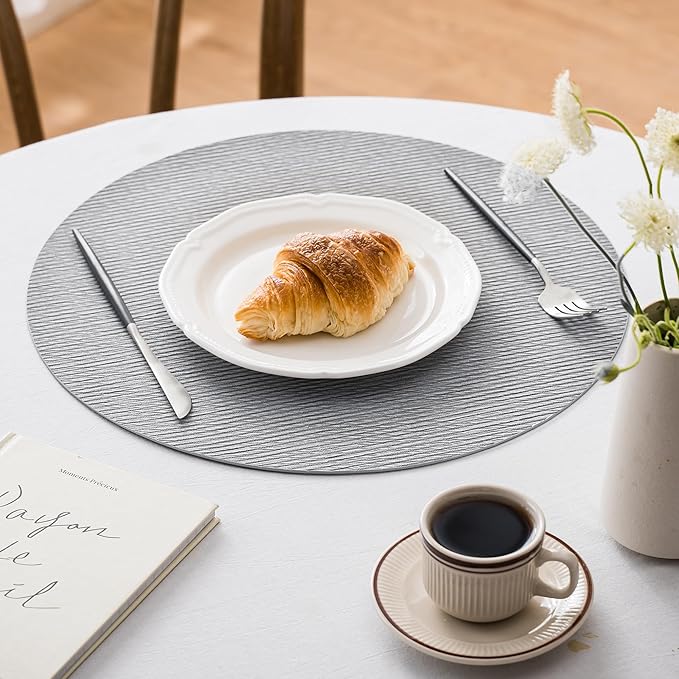 Jovono 15" Faux Leather Big Round Placemats Set of 8 - Washable Heat Resistant Non-Slip Dining Table Mats with Fabric Texture for Kitchen Home Party Decor, Light Gray