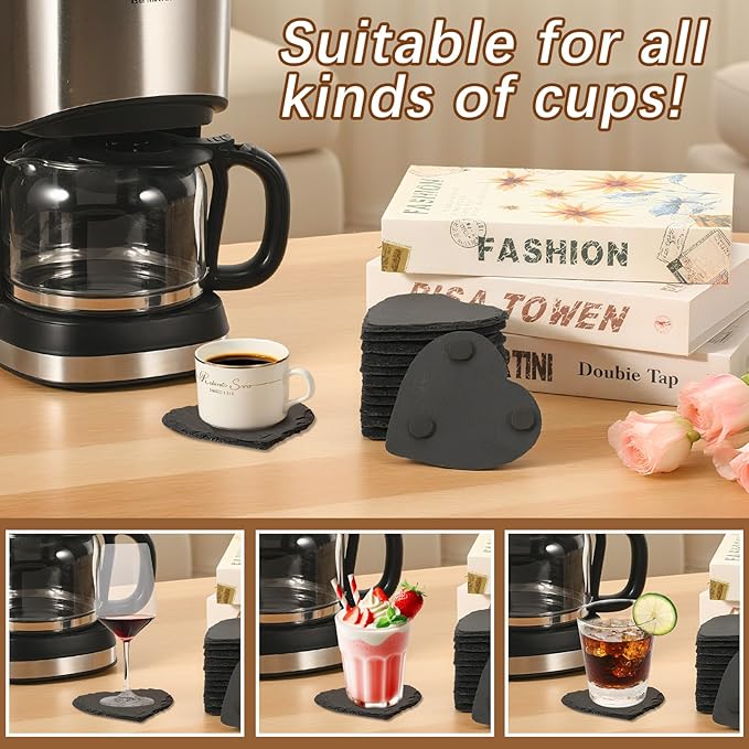 24 PCS Slate Drink Coasters Bulk,4 Inch Black Slate Stone Coasters for Office, Home Decor,Laser Engraving Blanks with Anti-Scratch Bottoms for Coffee Bar Kitchen Heart