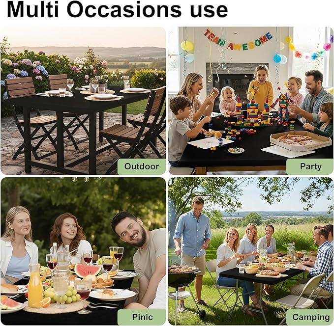 Smiry Rectangle Tablecloth, Elastic Fitted Flannel Backed Vinyl Tablecloths for 8ft Folding Tables, Waterproof Wipeable Table Covers for Indoor, Outdoor, Picnic and Camping (Black, 36"x96")