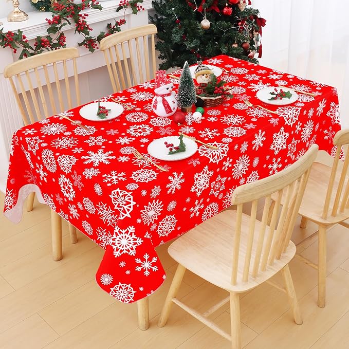Smiry Christmas Rectangle Table Cloth, Waterproof Vinyl Tablecloth with Flannel Backing, Wipeable Snowflake Plastic Tablecloths for Christmas Table Decorations, (52"x70", Christmas Red)