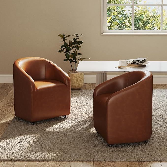 Modern Barrel Dining Chairs with Rolling Casters Set of 2, Upholstered PU Leather Swivel Dining Room Chairs with Wheels for Kitchen Living Room Home Office, Brown