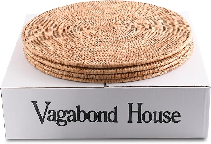 Vagabond House Handmade Rattan Chargers - Set of 4 Large, Durable, Natural Woven Wicker Rattan Placemats for Dinner Plates with Pewter Anchor - Perfect for Beach Home, Ocean and Coastal Themes