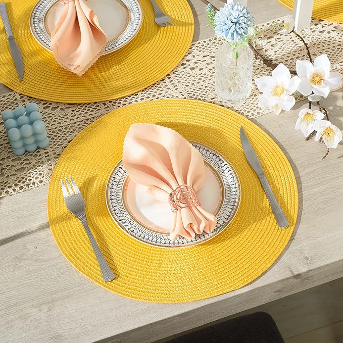 AHHFSMEI Round Braided Placemats 15 Inch Round Table Mats for Dining Tables Natural Woven Heat Resistant Place mats Set of 6 (Yellow)