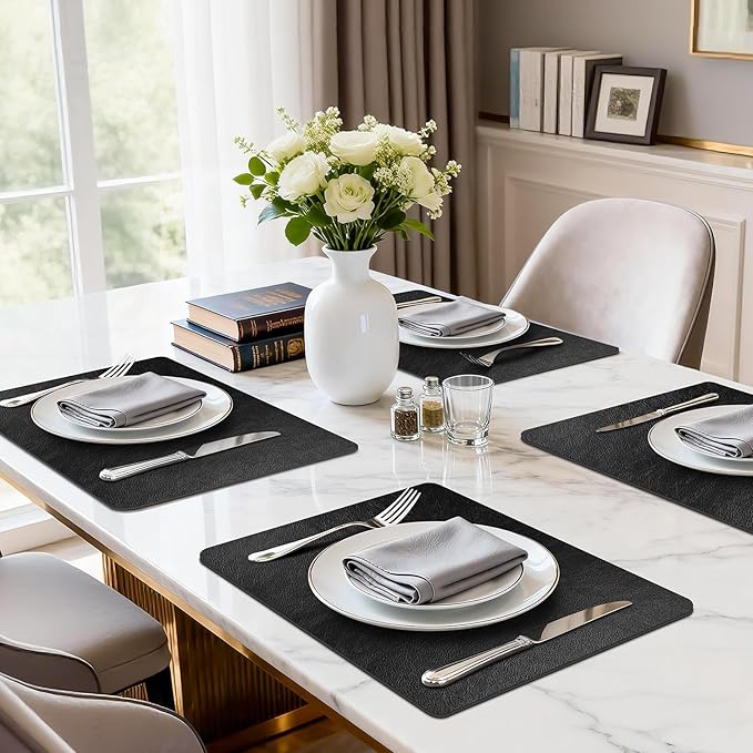 Faux Leather Placemats Set of 6, Washable Place Mats, Wipeable Waterproof Oil-Proof Heat Resistant Table Mats, Non-Slip Vinyl Placemats Rectangular Place Mat for Table Indoor Outdoor (Black)