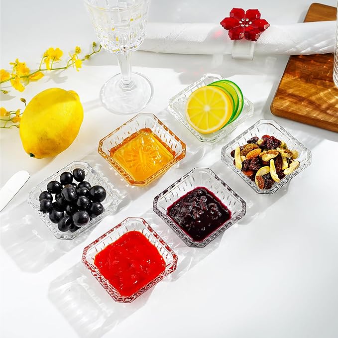 kanpura Mini Glass Bowls, Square Prep Bowl, Dishwasher Safe, Pinch Bowls for Dipping Spices Sauce, Stackable, 1.8 oz, Set of 6, (Clear)