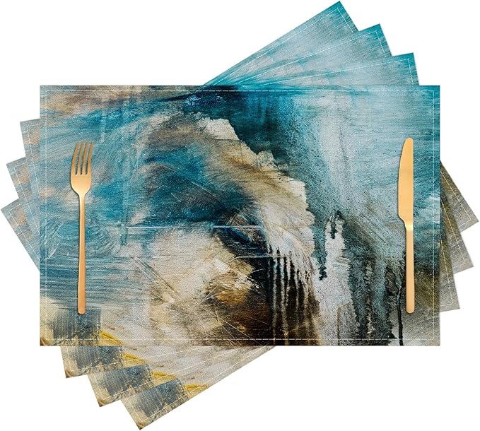 Teal Placemats Set of 4 Turquoise Black Place Mats Indoor Modern Abstract Art Linen Table Placemats Washable Wipeable Waterproof Kitchen Place Mats for Dining Tables, 18 X 12 Inch