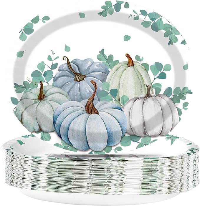 50Pcs Fall Oval Paper Plates Thanksgiving Plates Large 10" X 12" Disposable 400GSM Blue and White Pumpkin Plate for Little Pumpkin Baby Shower Fall Harvest Party Thanksgiving Party Decorations