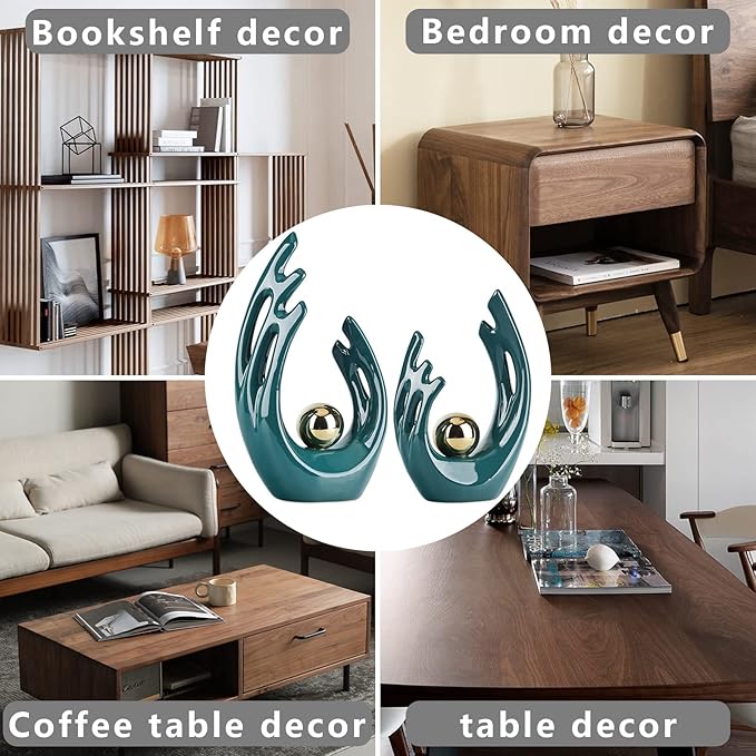 LCCCK 9.5" H Teal Gold Aesthetic Room Decor Accent, TV Stand Funky Table Centerpiece, Abstract Art Ceramic Statue and Sculpture, Teal Decor for Living Room, Bookshelf Decorative Objects, Shelf Decor