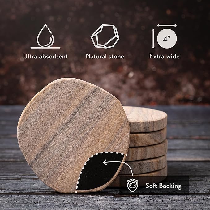Cork & Mill Absorbent Coasters Set of 6 - Water Absorbing Sandstone Coasters for Drinks - Perfect for Coffee Table, Office Desk, Outdoor, Bedroom Nightstand - 4" Round - Unique Irregular Edge Design